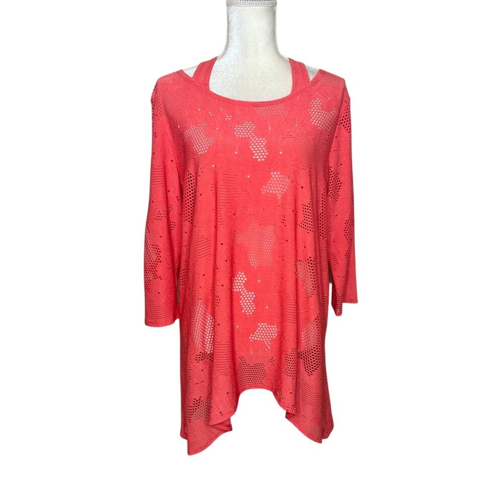 CLARA SUN WOO Women's XL Eyelet Cold Shoulder Tunic Top Orange Cover Up USA